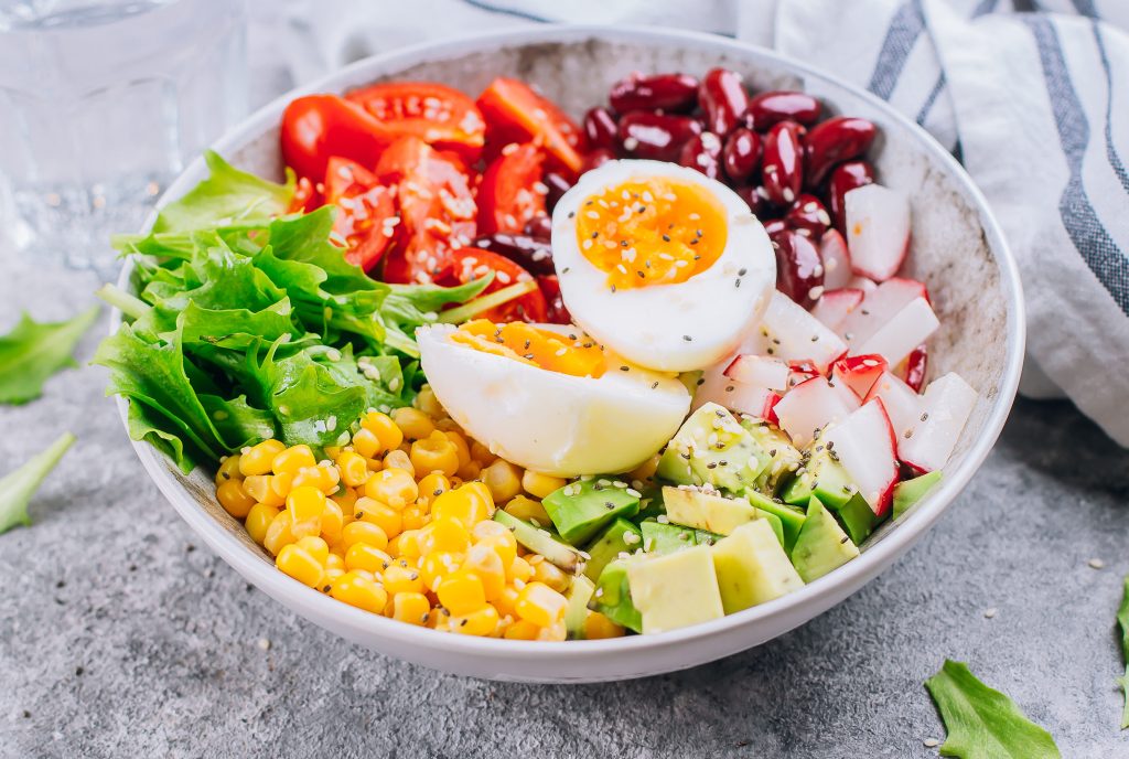 Keto diet: Healthy salad lunch bowl.