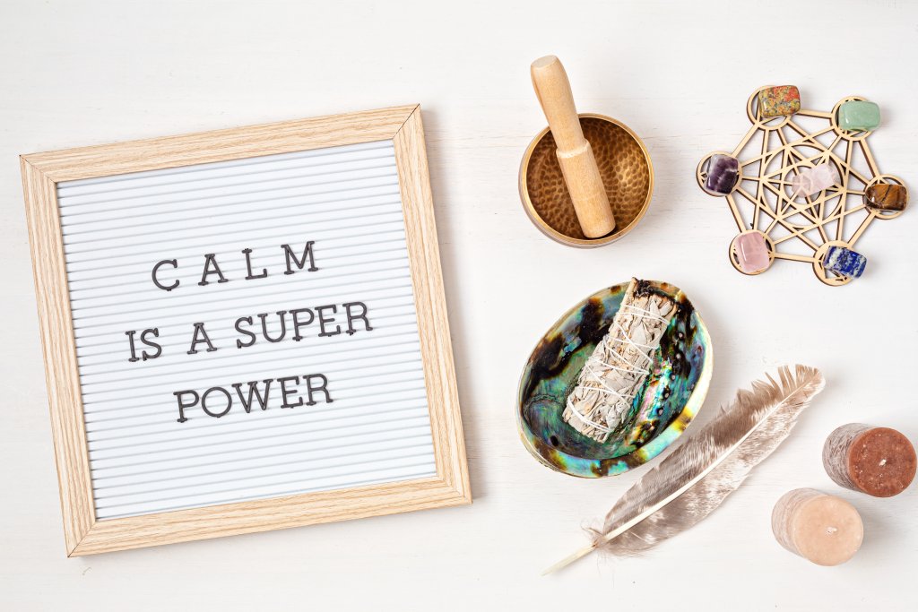 Stress: Letter board with motivation text calm is a super power. Mental health and balance