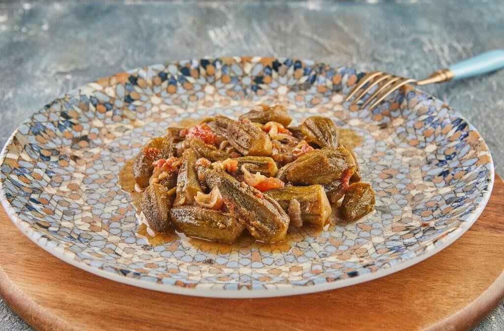 Okra stewed with tomatoes.