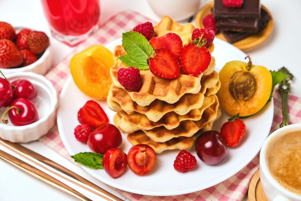 Trifecta -Belgian waffles with strawberries, apricots, cherries, juice