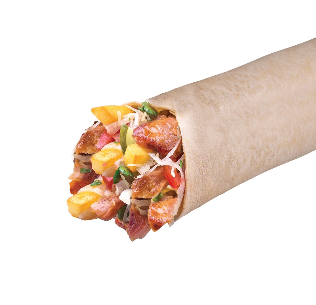 Flourishing-Tortilla with a delicious grilled meat and fresh mixed leafy green salad filling isolated on white