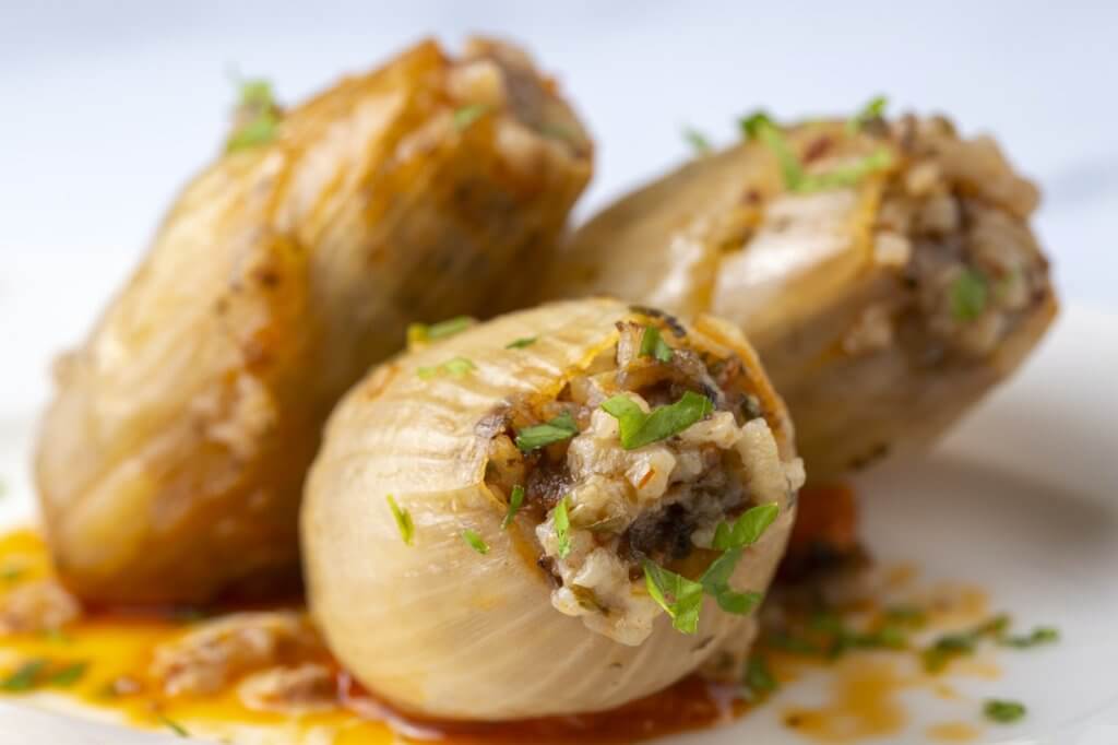 Stuffed Onion Dish. Stuffed onions from traditional Turkish dishes (Turkish name; Sogan dolmasi)
