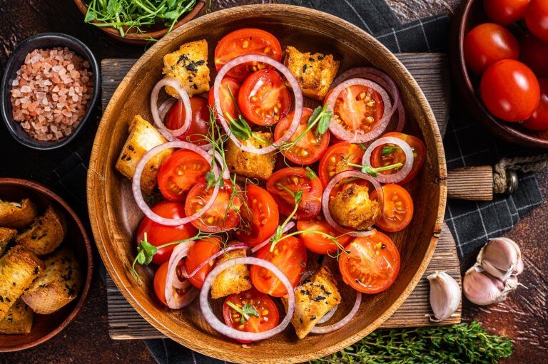 Tuscan Panzanella salad, Vegetarian classic salad with tomatoes, onion and Croutons.